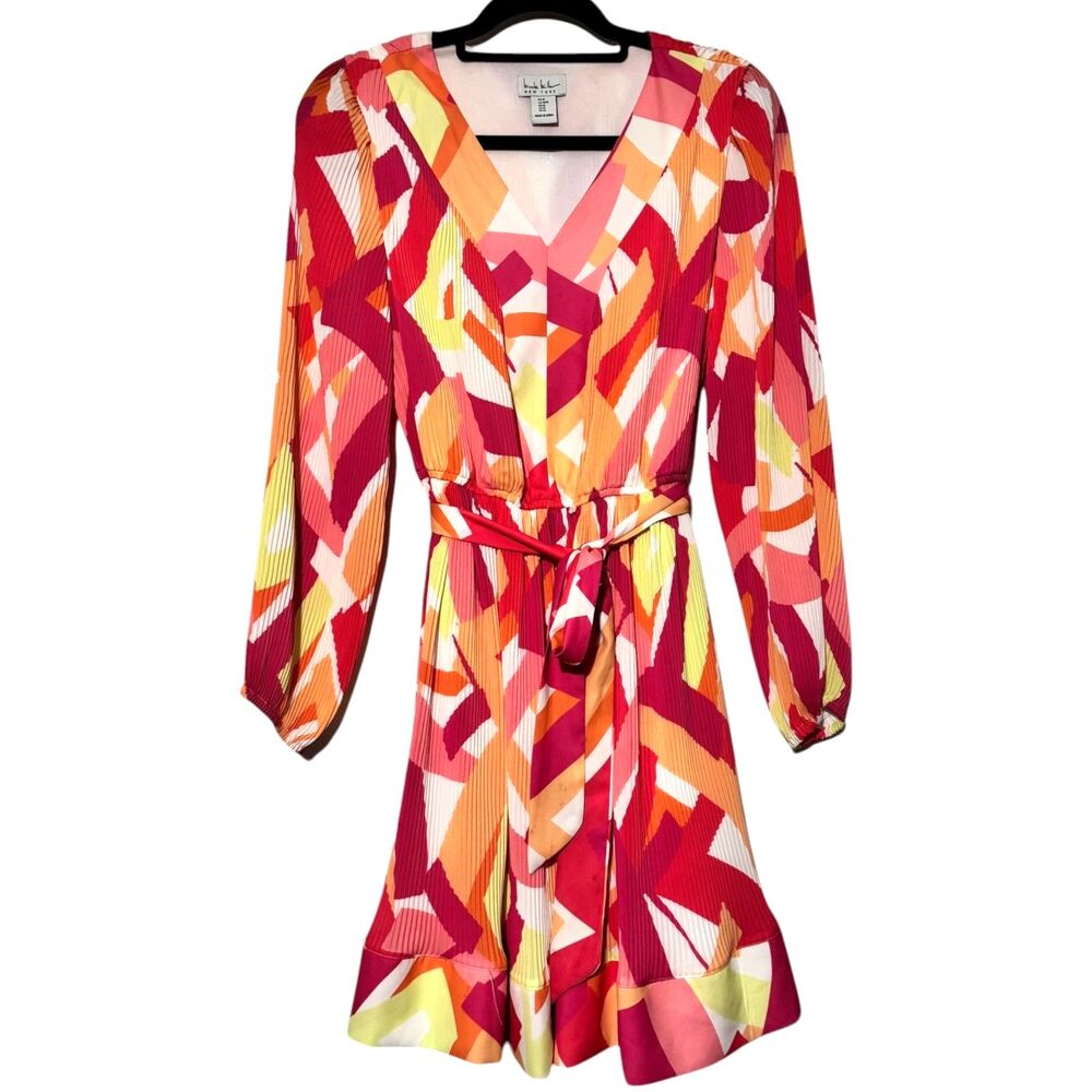 Nicole Miller Geometric Print Dress Sz M Pink Orange Balloon Sleeve Belted Mini